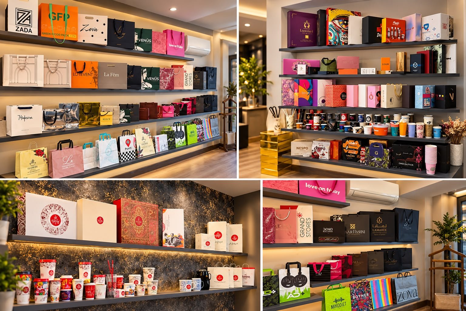OTRAKÇI showroomunda baskılı çanta kutu ve bardak numuneleri